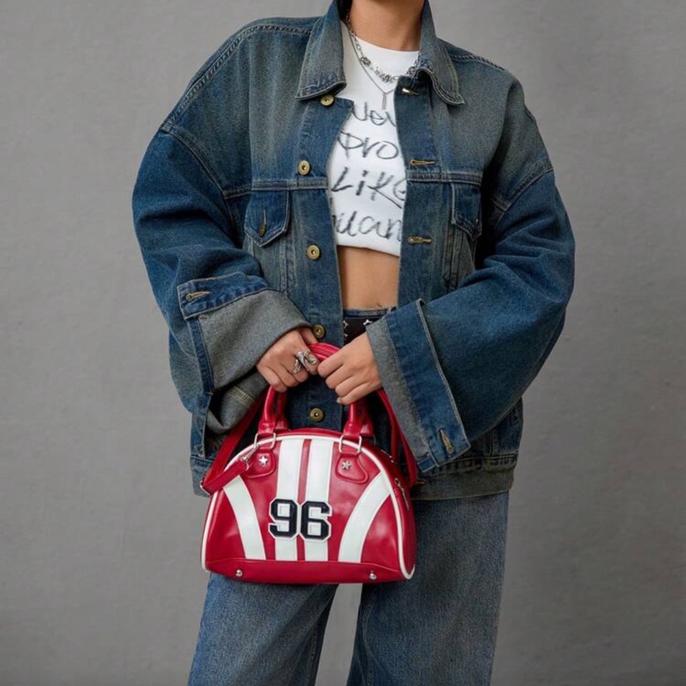 Red and White Striped Dome Satchel Bag w. '96' Patch - Picture 7 of 11